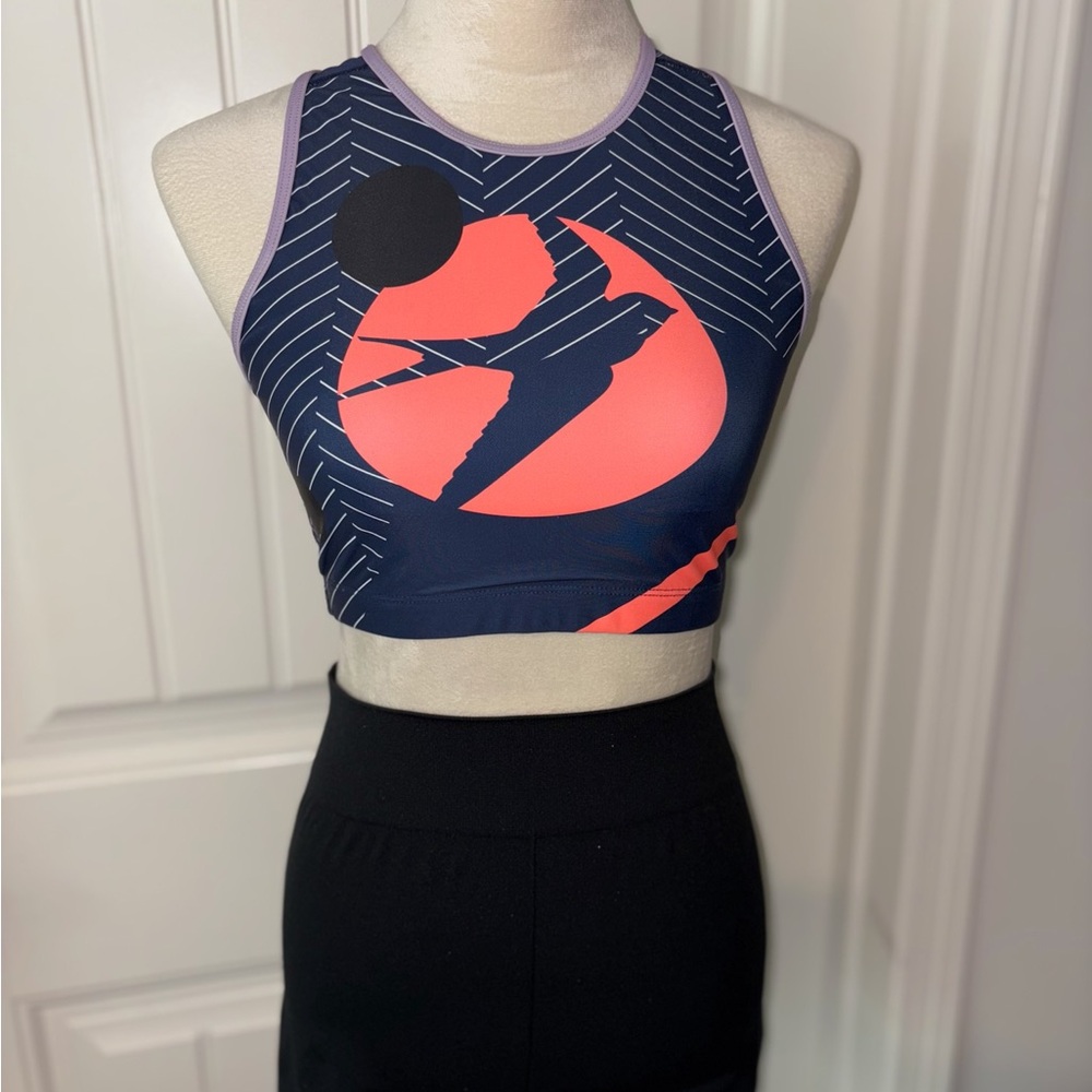 Oiselle Navy and Purple Crop Top with Pink Bird - M